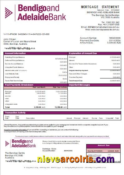 Australia Bendigo and Adelaide Bank bank mortgage statement